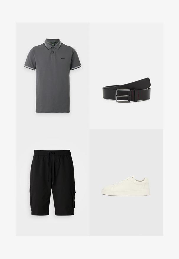 Grå poloshirt med klassisk design, to-knaps lukning og kontrasterende hvide stribedetaljer på kraven og ærmerne.; Sorte cargo shorts lavet af letvægtsstof, med elastisk talje, snor og sidelommer til ekstra opbevaring.; Hvid læder sneaker med lavt skaft, snørelukning og flad sål på ensartet lysegrå baggrund, set fra siden.; Sort læderbælte med fladt design, metallisk spænde og detaljer i rød syning. Glat tekstur og rundede ender.