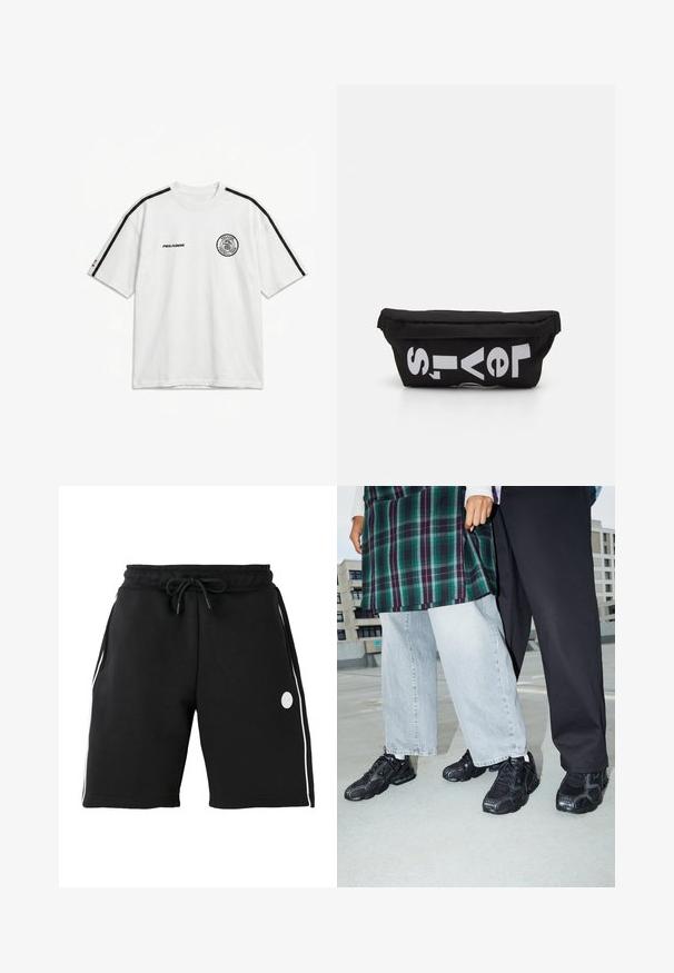 Camiseta blanca de manga corta con rayas negras en los hombros, texto ""PEGADOR"" en el pecho y logo circular ""PEGADOR FOOTBALL TEAM"" en el pecho izquierdo.; Pantalones cortos negros hasta la rodilla con cintura elástica y cordón, rayas blancas verticales en los lados y pequeño logo redondo en el muslo izquierdo.; Zapatillas deportivas negras con acentos de malla y goma. Combinadas con jeans de pierna ancha de color gris claro y una blusa de cuadros verdes. Fondo de superficie plana.; Bolsa de tela negra con forma plana, que presenta texto blanco en negrita. El cierre de cremallera se encuentra en la parte superior, con un detalle de asa en un lado.