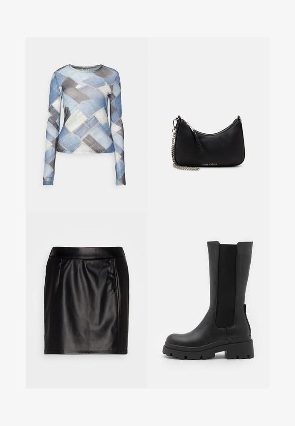 Noisy May NMMISSY JUDITH - Pikkade varrukatega topp - medium blue denim; VILA VITALLA BUTTON SKIRT - Miniseelik - black/silver; ONLY SHOES ONLDOJA - Platvormsaapad - black; Must kharmu kott, mille käänekuju, hõbedane ahelastring, tõmblukuga sulgur ja esiküljel embosed brändi logo. Sile tekstuur.