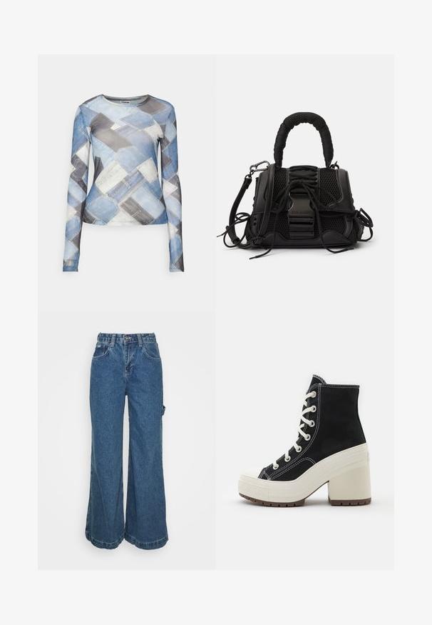 Noisy May NMMISSY JUDITH - Μπλούζα με μακριά μανίκια - medium blue denim; Τζιν παντελόνι με φαρδιά πόδια σε μεσαίο μπλε χρώμα, διαθέτοντας ψηλόμεση σχεδίαση, μπροστινές τσέπες και ακανόνιστο στρίφωμα στους αστραγάλους για μια χαλαρή και άνετη εμφάνιση.; Μαύρη ψηλή μπότες με λευκά κορδόνια, υφασμάτινη επιφάνεια, κρεμ σόλα πλατφόρμας και τετράγωνη τακούνι. Διαθέτει λευκές ραφές και καουτσούκ στην μύτη.; Μαύρη τσάντα χειρός με διάτρητη εξωτερική επιφάνεια, πλεχτό χερούλι και διακοσμητική κορώνα. Περιλαμβάνει αποσπώμενο λουρί και αντίθετες λεπτομέρειες από υλικό.