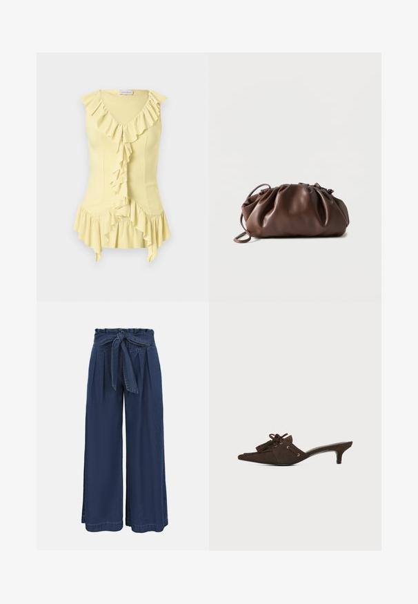 Blouse sans manches jaune clair avec col en V, bordure volantée le long de l'encolure, au centre devant et ourlet asymétrique.; Pantalon bleu marine taille haute à jambes larges, avec un devant plissé et une ceinture en tissu nouée à la taille.; Mule en daim marron avec bout pointu, petit talon kitten, lacets noués en nœud et détails à pompons sur fond blanc.; Sacoche en cuir marron doux avec un haut froncé et une fine bandoulière, posée sur un fond blanc.