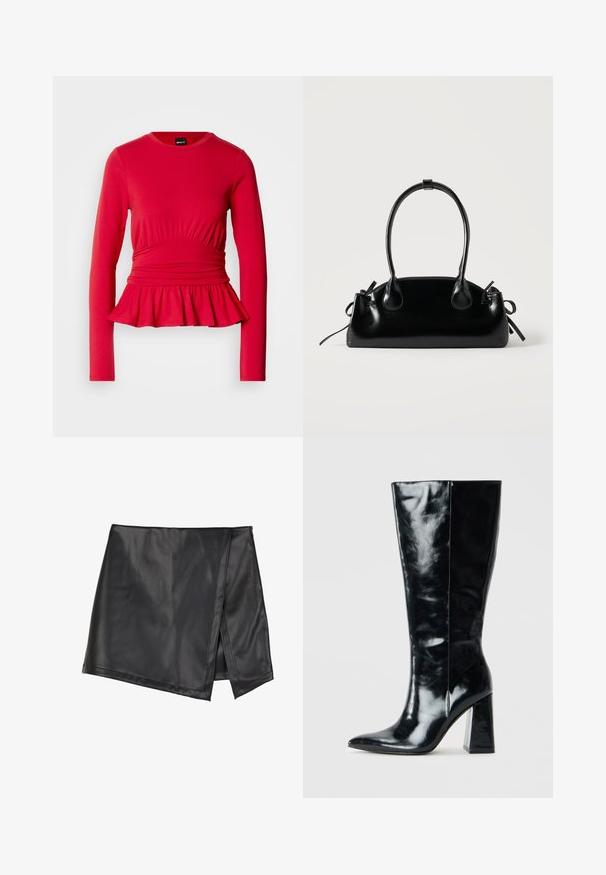 Pikkade varrukatega punane top ümara kaelusega, vöökoha juures kogutud detailiga ja lehvikukujulise peplum-äärisega, tehtud pehmest, elastse kangaga.; Even&Odd by Zalando Miniseelik - black; Mustad põlvikud, mis on valmistatud läikivast nahast, terava ninaga ja tugeva geomeetrilise kontsaga, mis on sileda tekstuuriga.; Väike must läikiv käekott kahe pika sangaga ja külgedel paelakinnitustega, ühel lihtsal helel taustal.