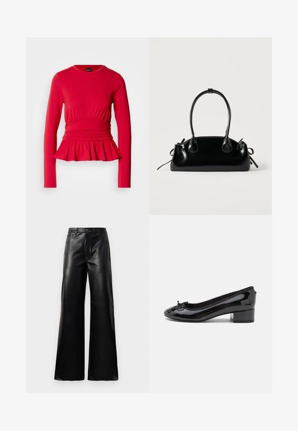 Rode top met lange mouwen, een ronde halslijn, geplooide details bij de taille en een uitlopende peplum zoom, gemaakt van zachte, rekbare stof.; Zwarte high-waisted wide-leg neplederen broek met een voorste knoop, ritssluiting, riemlussen en zijzakken op een witte achtergrond.; Zwarte gepatineerde leren balletschoen met een ronde neus, een kleine blokhak en een decoratieve strik aan de voorkant. Gladde oppervlakte en gevoerde binnenkant.; Kleine zwarte glanzende handtas met twee lange hengsels en zijkant trekkoord details op een effen lichte achtergrond.