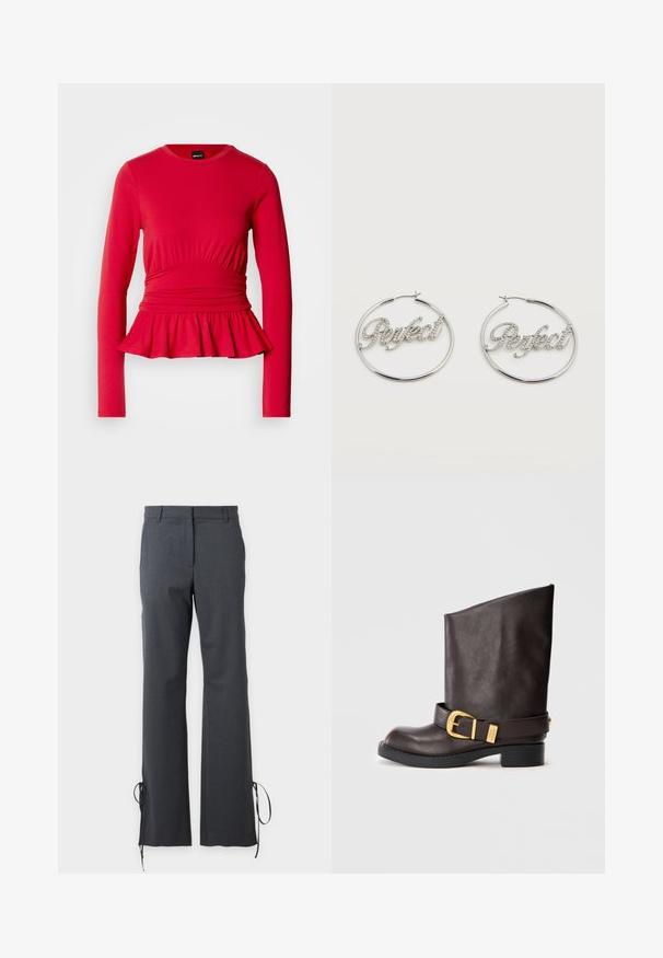 Haut rouge à manches longues avec un col rond, un détail froncé à la taille et un bas évasé en forme de peplum, réalisé dans un tissu doux et extensible.; Pantalon sur mesure gris foncé avec jambes droites et liens aux ourlets, équipé de passants de ceinture et d'une fermeture avant dissimulée.; Bottine en cuir marron foncé mi-mollet avec semelle noire, petit talon et sangle décorative dorée autour de la cheville, vue de côté.; Boucles d'oreilles créoles en argent avec le mot « Parfait » épelé en strass à l'intérieur de chaque créole sur un fond blanc.