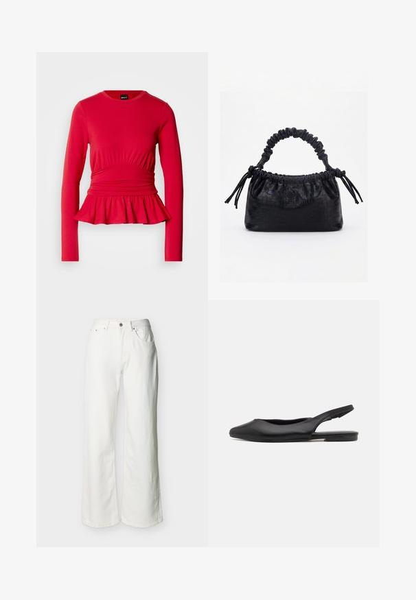 Rød bluse med lange ærmer, rund halsudskæring, rynkedetalje ved taljen og en udvidet peplumkant i blødt, elastisk stof.; Hvide jeans med høj talje, knap- og lynlåslukning, forlommer og let udvidede ben, vist på en ensfarvet baggrund.; Sorte læder slingback sko med spidse tæer, flad hæl og buet udskæringsdesign. Glat overflade og minimalistisk stil.; Sort taske med krokodilletekstur, rynket øverste kant, samlet hank og snore med kvaster på hver side mod en hvid baggrund.
