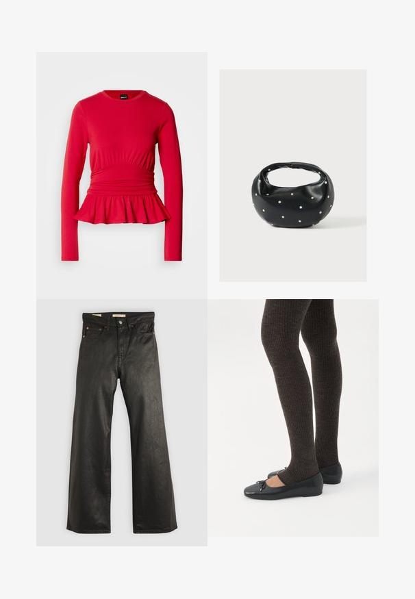 Rode top met lange mouwen, een ronde halslijn, geplooide details bij de taille en een uitlopende peplum zoom, gemaakt van zachte, rekbare stof.; Zwarte denim wijd-uitlopende broek met een gladde textuur, voorzien van vijf zakken en details met koperen hardware. Klassieke knoopsluiting.; Benen met donkere geribbelde leggings gecombineerd met zwarte ballerina's met kleine strikdetails op een witte achtergrond.; Zwarte leren handtas met een afgeronde vorm, versierd met zilveren studs, en een korte handgreep. Gladde textuur en ritsluiting.