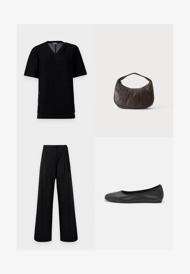 Camiseta negra de manga corta con escote en V, que presenta costuras en contraste color naranja y cierres a presión a lo largo de las costuras laterales. Material suave de mezcla de algodón.; Pantalones de pierna ancha negros, hechos de una tela suave, con cintura alta y detalles de pliegues. Sin adornos ni patrones visibles.; Bailarina de piel negra con punta redondeada, textura suave, detalle de costura minimalista y diseño de suela flexible.; Pequeño bolso de mano marrón oscuro con textura, con correa corta y fondo redondeado sobre un fondo claro y liso.