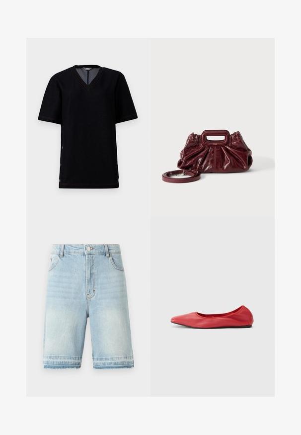 Sort kortærmet T-shirt med V-hals, der har kontrastfarvet orange syninger og trykknaplukninger langs sidesømmene. Blødt bomuldsblandingsmateriale.; Lysblå denimshorts med en frynset kant, fem-lomme design og standard talje med knaplukning. Diskret falmning over det hele.; Filippa K REY FLATS - Ballerinasko - bright red; Lille mørkerød læderhåndtaske med opsamlet struktur, rektangulært håndudskåret håndtag og aftagelig skulderrem på hvid baggrund.