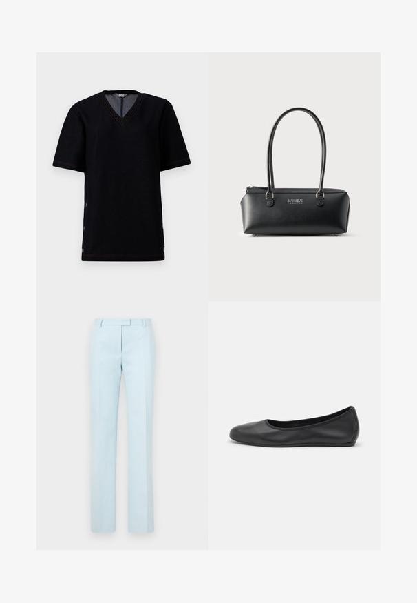 T-shirt noir à manches courtes avec un col en V, présentant des coutures orange contrastantes et des fermetures à pression le long des coutures latérales. Matériau en mélange de coton doux.; Pantalons sur mesure bleu clair avec jambes droites, devant plat et passants de ceinture. Fabriqués en tissu lisse, avec une texture subtile et des lignes épurées.; Ballerines en cuir noir avec un bout rond, texture lisse, détails de couture minimalistes et design de semelle flexible.; Sac à main rectangulaire en cuir noir avec deux longues anses et logo numérique blanc centré sur le devant.