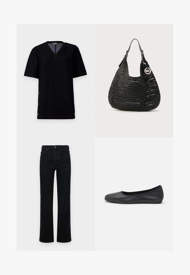 Schwarzes kurzärmliges T-Shirt mit V-Ausschnitt, ausgestattet mit kontrastierendem orangefarbenem Nähen und Druckknöpfen entlang der Seitennaht. Weiches Baumwollmischmaterial.; Schwarze Jeans aus Denim mit hoher Taille, geradem Bein, fünf Taschen und einem Knopfverschluss vorne. Glatte Textur, minimale Details.; Schwarze Leder-Ballettschuhe mit abgerundeter Spitze, glatter Textur, minimalen Nähdetails und einem flexiblen Sohlen-Design.; Schwarze gewebte Hobo-Tasche mit Ledergriffen, silbernem Michael Kors Logo-Anhänger und kleinem Logo-Schild auf der Vorderseite.