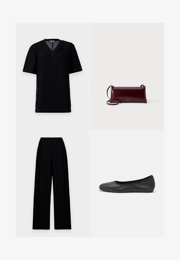 T-shirt noir à manches courtes avec un col en V, présentant des coutures orange contrastantes et des fermetures à pression le long des coutures latérales. Matériau en mélange de coton doux.; Pantalons noirs à jambes larges avec une taille haute, présentant une texture lisse et des lignes épurées. Aucun fermoir ou motif visible.; Ballerines en cuir noir avec un bout rond, texture lisse, détails de couture minimalistes et design de semelle flexible.; Sac à bandoulière en cuir bordeaux avec une texture lisse, de forme rectangulaire, fermeture à rabat et une fine sangle réglable. Détail du logo doré visible.