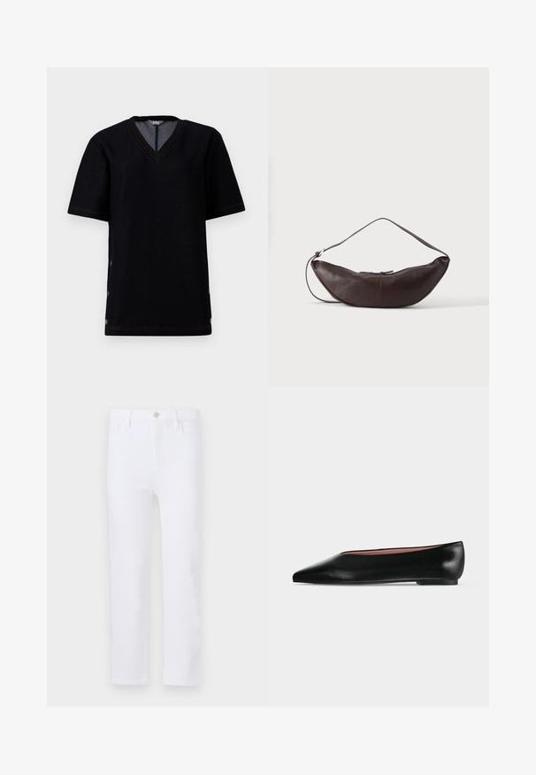 T-shirt noir à manches courtes avec un col en V, présentant des coutures orange contrastantes et des fermetures à pression le long des coutures latérales. Matériau en mélange de coton doux.; Jean en denim blanc avec une coupe droite, comportant des passants de ceinture, des poches avant et une fermeture éclair. Texture lisse et couleur uniforme sur toute la surface.; Chaussure plate en cuir noir pour femme, avec bout pointu et petit talon, vue de côté sur un fond gris clair uni.; Sac d'épaule en cuir marron foncé en forme de croissant avec une lanière courbée et des coutures visibles sur fond uni.