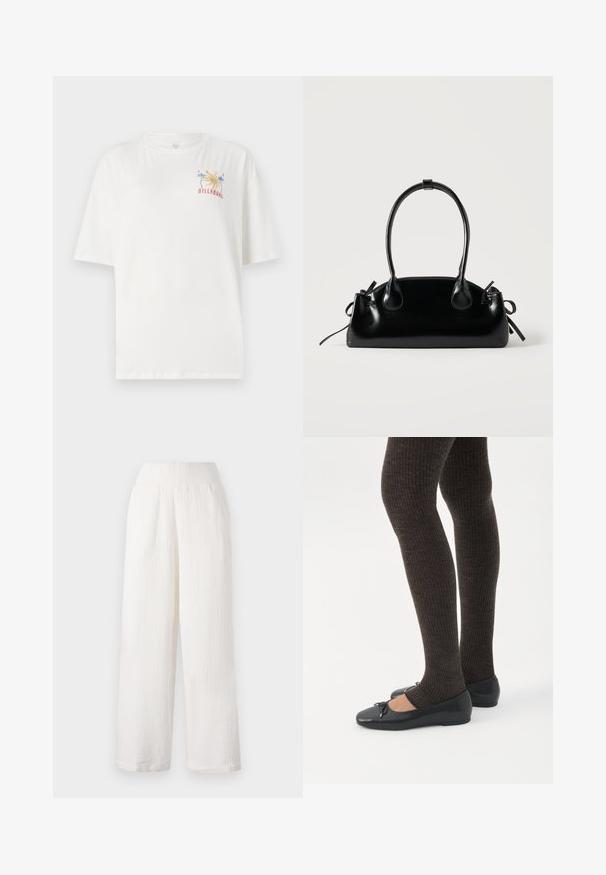 T-shirt en coton blanc à coupe décontractée, avec un logo coloré de Billabong représentant des palmiers et l'année "1973" brodé sur la poitrine gauche.; Pantalons larges blancs en tissu texturé et froissé. Dotés d'une taille élastique et de poches latérales pour plus de commodité.; Jambes portant des leggings côtelés foncés associés à des ballerines noires avec de petits détails en nœud sur fond blanc.; Petit sac à main noir brillant avec deux longues anses et des détails à cordon sur les côtés sur un fond clair uni.