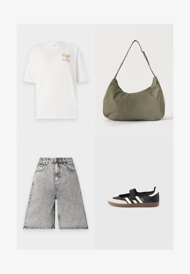 T-shirt en coton blanc à coupe décontractée, avec un logo coloré de Billabong représentant des palmiers et l'année "1973" brodé sur la poitrine gauche.; Shorts en denim avec un motif délavé noir et gris, présentés avec une taille haute, des passants de ceinture et cinq poches. Les bords sont finis.; Baskets noires et beiges avec une bride en velcro, trois bandes blanches sur le côté, et une semelle en caoutchouc marron texturée. Logo de la marque visible.; Sac à épaule en tissu doux vert olive avec fermeture éclair et bandoulière réglable sur un fond uni clair.