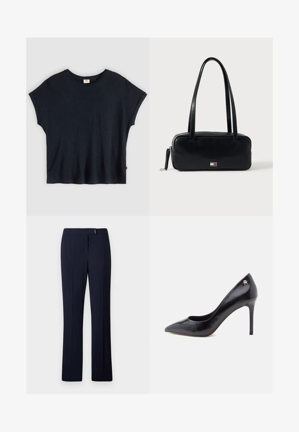 Camiseta negra de manga corta con cuello redondo, puños de las mangas enrollados y una pequeña etiqueta roja en la parte inferior derecha.; Pantalones ajustados de color azul marino hechos de una tela suave, con un frente plano, piernas rectas y un sutil acento plateado en la cintura.; Zapato de tacón alto de cuero negro con punta puntiaguda, con un diseño recortado y un pequeño detalle de logo dorado en el talón.; Bolso de cuero negro con forma rectangular, base plana, dos asas para el hombro y un pequeño detalle de logo en el frente. Textura suave.