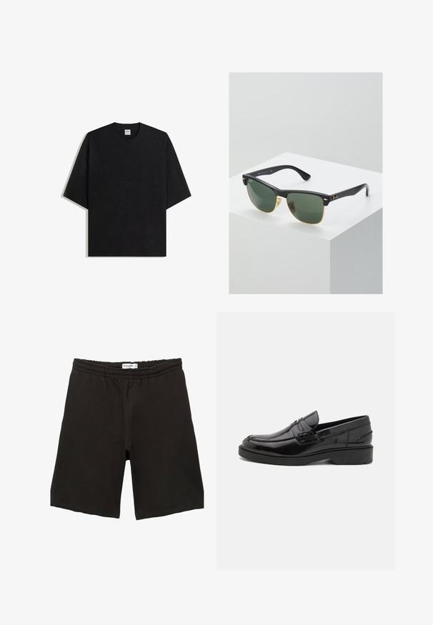 T-shirt noir surdimensionné à col rond avec manches courtes, vue à plat sur fond blanc, étiquette Bershka visible à l'intérieur du col.; Shorts décontractés noirs à taille élastique avec un design simple et une petite étiquette de marque blanche au centre du dos de la ceinture.; Mocassins en cuir noir avec une finition lisse, un bout rond, un petit talon et descoutures décoratives à l'avant. Semelle en caoutchouc pour l'adhérence.; Lunettes de soleil Ray-Ban avec des verres verts, monture en plastique noir et accents dorés sur les bords. Forme carrée avec une finition mate.