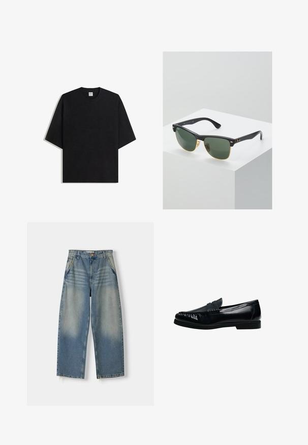 Schwarzes, übergroßes T-Shirt mit Rundhalsausschnitt und kurzen Ärmeln, flach auf weißem Hintergrund liegend, Bershka-Etikett im Kragen sichtbar.; Hellblaue Denim-Jeans im weit geschnittenen Stil mit einem ausgewaschenen Finish, Fünf-Taschen-Design und rohem Saum. Mit einem Knopf- und Reißverschluss vorne.; Schwarzer Herren-Pennyloafer aus Leder mit genähter Mokassinnaht und niedrigem Absatz, seitlich auf weißem Hintergrund dargestellt.; Ray-Ban Sonnenbrillen mit grünen Gläsern, schwarzen Kunststoffrahmen und goldenen Akzenten an den Rändern. Quadratische Form mit matter Oberfläche.