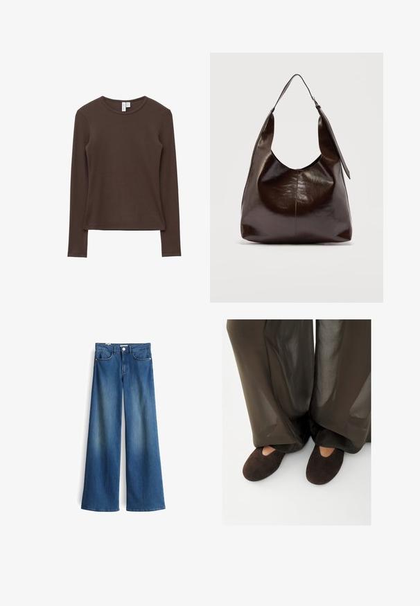 Bruine lange mouwen shirt van zacht katoen. Aangesloten ontwerp met een geribbelde textuur en ronde halslijn. Eenvoudige, onversierde randen.; Wijde denimjeans in medium blauw met een gladde textuur. Bevat twee voorzakken en een klassieke knoopsluiting bij de taille.; Persoon draagt donkergroene suède pantoffels met een kleine uitsparing, gecombineerd met brede, semi-transparante donkerbruine broek die de enkels bedekt.; Donkerbruine glanzende leren schoudertas met een enkele brede riem en gespsdetail aan één kant, tegen een effen lichte achtergrond.