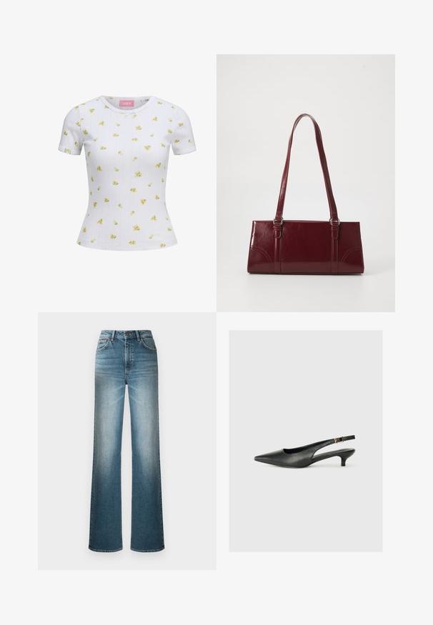 Hvid tætsiddende t-shirt med korte ærmer med lille gul blomsterprint og subtilt vertikalt mønster, rund halsudskæring og lille sløjfedetalje foran.; Lyseblå brede benjeans lavet af denim. Har høj talje, fem lomme-design og en falmende effekt fra top til bund.; Sorte spidse slingback-sko lavet af glat læder. Har en tynd hæl og en spænde detalje på den justerbare rem.; Bordeaux håndtaske lavet af glansfuldt materiale, rektangulær form, med to skulderremme og subtile buede detaljer på forsiden.