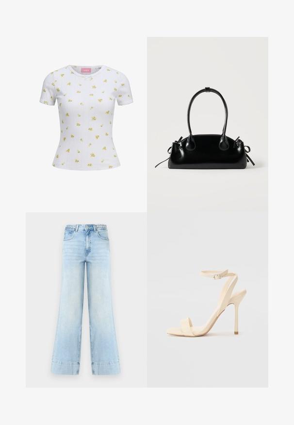 T-shirt blanc ajusté à manches courtes avec petit imprimé floral jaune et motif vertical subtil, col rond et petit détail de nœud à l'avant.; Jean large bleu clair à taille haute, passants de ceinture tressés, bouton frontal, fermeture éclair et deux poches sur fond blanc.; Sandale à talon haut beige avec une sangle fine autour de la cheville et un bout carré. Matériau synthétique lisse, design minimaliste et talon aiguille.; Petit sac à main noir brillant avec deux longues anses et des détails à cordon sur les côtés sur un fond clair uni.