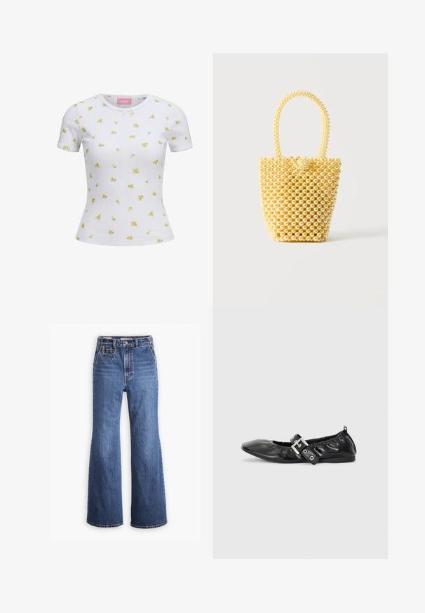T-shirt blanc ajusté à manches courtes avec petit imprimé floral jaune et motif vertical subtil, col rond et petit détail de nœud à l'avant.; Jean en denim bleu taille haute avec une coupe large, équipé d'une poche avant, d'une fermeture à bouton en laiton et de surpiqûres contrastantes.; Chaussure plate en cuir noir avec un nez pointu, des détails froncés autour de l'ouverture et un accent en boucle argentée sur la bride ajustable.; Petit sac à main style bocal fait de perles crème brillantes avec une anse en perles bouclée et une fermeture décorative avec un nœud de perles.