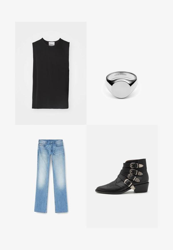 Schwarzes ärmelloses Top aus glattem Stoff, mit rundem Halsausschnitt und lockerer Passform, mit sauberen Nähten und ohne sichtbare Akzente oder Muster.; Helle blaue Straight-Leg-Jeans aus Denim mit faded Finish, Fünf-Taschen-Design und sichtbaren Nähdetails entlang der Nähte.; Schwarze Leder-Ankle-Boots mit vier dekorativen silbernen Schnallen, spitzer Zehe und einem gestapelten Absatz mit gerippten Details am Schaft.; Silberner Ring mit einem glatten, abgerundeten Design. Verfügt über eine flache, kreisförmige Oberseite und polierte Kanten. Die reflektierende Oberfläche verstärkt die visuelle Wirkung.