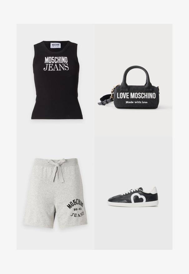 Must mustriga tank top, millel on valge silmus "MO5CH1NO JEANS". Keha lähedane lõige, ümmargune kaelus ja ilma varrukateta disain.; Hallide hallid puuvillased lühikesed püksid, millel on nööriga vöökoht, vasakul jalal must trükitud logo. Casual disain, põlvepikkused, pehme tekstuur.; Mustad madala lõikega tossud valgete paelte, valge tallaga ja valge südamekujuga mustriga küljel.; Väike must Love Moschino käekott kahe käepidemega, valge tekstiga "Love Moschino Made with love," ja reguleeritava õlarihmaga.