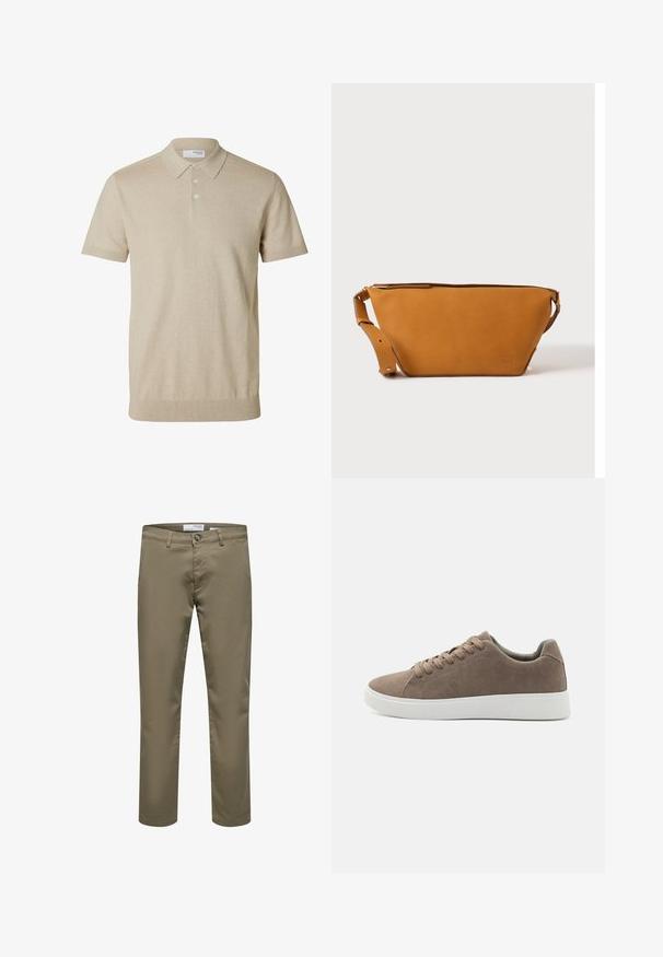 Beige kortærmet polo med krave og tre knapper, ribkant ved ærmer og nederkant, ensfarvet strikstof.; Herre straight-leg beige bukser med bæltestropper, knaplukning og forlommer, vist på en hvid baggrund.; Brune ruskinds sneakers med flade hvide gummisåler, snørelukning, rund tå og en glat overflade. Minimalistisk stil med diskrete syninger.; Lys brun læder crossbody taske med justerbar rem og lynlås, vist mod en ensartet lys baggrund.