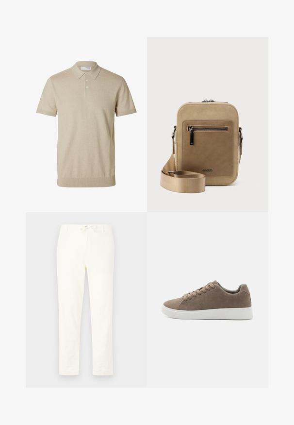 Polo beige à manches courtes avec col et trois boutons, bords côtelés aux manches et à l'ourlet, tissu en maille unie.; Pantalons en lin légers et blancs avec une taille à cordon de serrage. Conception à jambes droites, texture minimale et sans motifs ou détails matériels visibles.; Baskets en daim marron avec des semelles en caoutchouc blanc plat, design lacé, bout rond et texture lisse. Style minimaliste avec des détails de couture subtils.; Petit sac bandoulière beige avec poche avant zippée, logo métallique ALDO, sangle large ajustable et forme rectangulaire arrondie sur fond blanc.