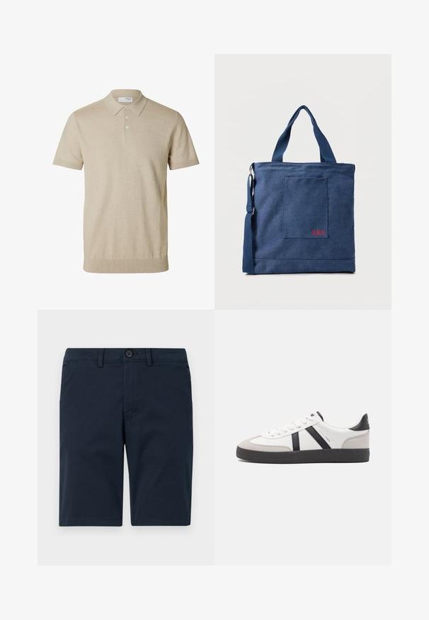 Beiges kurzärmeliges Poloshirt mit Kragen und drei Knöpfen, gerippte Bündchen an Ärmeln und Saum, einfarbiger Strickstoff.; Marineblaue Shorts aus Baumwollmischung, mit Knopfverschluss, Gürtelschlaufen und geradem Saum mit minimaler Gestaltung.; Weiße Sneaker mit schwarz- und grau-aczenten, ausgestattet mit einer strukturierten grauen Zehenkappe, schwarzer Gummi-Sohle und flachen weißen Schnürsenkeln. Sauberes Design, minimalistische Stil.; Blauer Canvas-Einkaufstasche mit Vordertasche und roter "O.N.S" Stickerei, ausgestattet mit zwei Griffen und einem verstellbaren Schulterriemen.