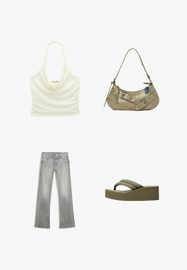 Off-white satin halter crop top med draperet halsudskæring og mærke for neden midt for.; Grå denim flared jeans med en afdæmpet finish, der har en knaplukning, fem lommer og syet detaljering langs taljebåndet og kanten.; Olivegrønne platform flip-flops med en bred rem og tekstureret sål, der har en glat overflade og et buet design for komfort.; Beige patenteret læderhåndtaske med en buet form, justerbar skulderrem, sølvhardware, dekorative spænder og cirkulære nagleaccenter.