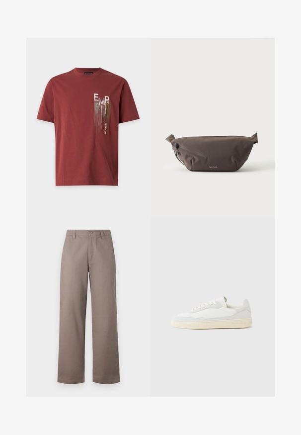 Tričko s krátkym rukávom v hrdzavo červenej farbe s viacfarebným vertikálnym textovým dizajnom "EMPORIO ARMANI" na ľavej strane na hrudi.; Svetlohnedé nohavice s širokým strihom a hladkým povrchom; obsahujú predné zapínanie na gombík a bočné vrecká. Vyrobené z ľahkej látky.; Biela teniska s jemne štruktúrovaným zvrškom zo semišu a kože. Má zaoblenú špičku, viazanie na šnúrky a kontrastnú béžovú gumovú podrážku.; Tmavohnedá látková ľadvinka s diagonálnym zipsovým vreckom a malým bielym logom vpredu, na jednofarebnom svetlom pozadí.