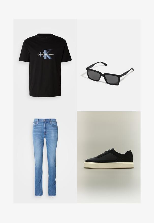 Camiseta de algodón negra con un destacado logo "CK" en azul y blanco y el texto "Calvin Klein Jeans" debajo, de mangas cortas y con cuello redondo.; Vaqueros de mezclilla azul para hombre con corte recto, bolsillos delanteros y traseros, y una pequeña etiqueta de Calvin Klein cerca del bolsillo delantero derecho.; Zapatilla deportiva negra de corte bajo con suela blanca gruesa, cordones en la parte delantera y el logo sutil "cK" en el lateral.; Gafas de sol negras con lentes rectangulares, acabado mate, montura gruesa y brazos delgados con un discreto detalle de marca.