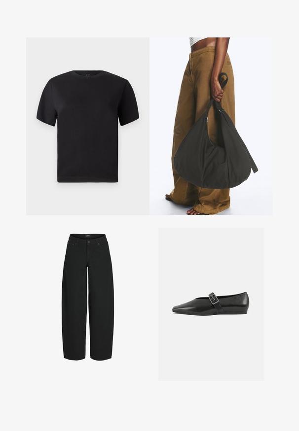 Sort kortærmet t-shirt, rund halsudskæring, lavet af blød bomuld, glat tekstur, minimalistisk design uden mønstre eller detaljer.; Sorte vidde-korte jeans med knap- og lynlåslukning foran, lommer foran og bagpå samt mærket bæltelabel.; Sorte læder flade sko med spidse tæer, prydet med en metallisk spænde over vristen og en lav, fleksibel sål.; Person iført brune vidde bukser og hvid top holder en stor sort blød håndtaske i remmen ved siden.