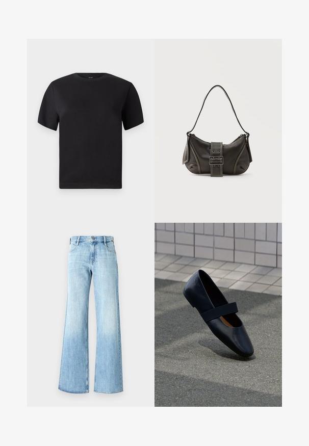 Schwarzes T-Shirt mit kurzen Ärmeln, Rundhals-Ausschnitt, aus weicher Baumwolle, glatte Textur, minimalistisches Design ohne Muster oder Akzente.; Helle blaue Denim-Jeans mit weitem Bein, hoch geschnitten, klassischer Fünf-Taschen-Design und Knopfverschluss, mit einer leichten Ausbleichung nahe dem Saum.; Schwarze Leder-Ballerina mit runder Zehenpartie, ausgestattet mit einem weichen schwarzen Elastikband über dem Vorderfuß. Glatte Textur und minimalistisches Design.; Schwarze Leder-Schultertasche mit Schnallengurt-Detail, abgerundeten Kanten und kontrastierenden weißen Nähten auf schlichtem Hintergrund.