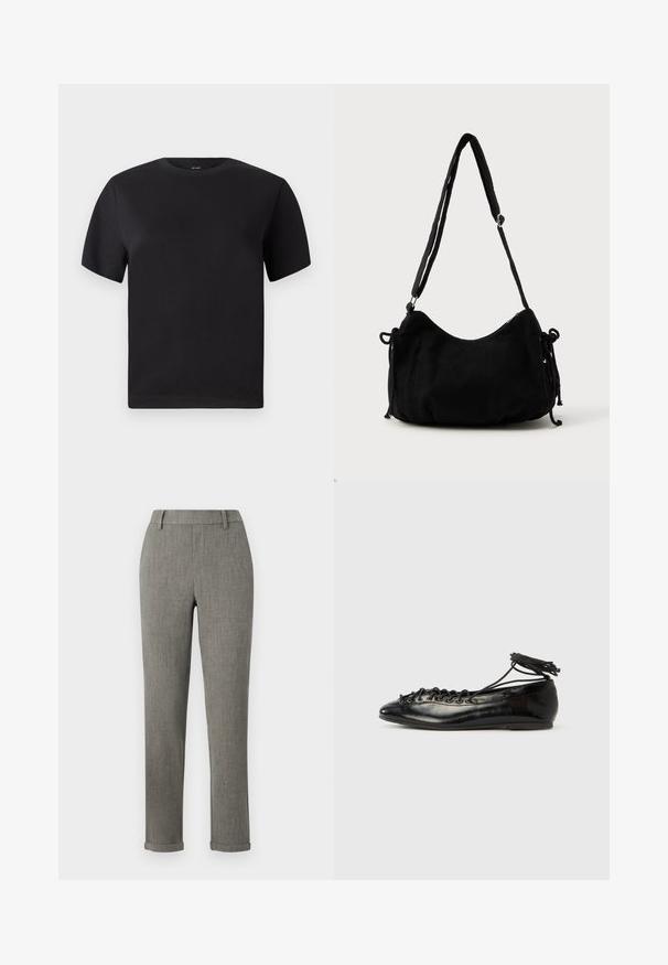 Sort kortærmet t-shirt, rund halsudskæring, lavet af blød bomuld, glat tekstur, minimalistisk design uden mønstre eller detaljer.; Grå skræddersyede slim-fit bukser med bæltestropper og opsmøgede kanter, velegnet til formelt eller kontorbrug.; Sorte balletflade sko i laklæder med rundet tå, snørelukning og flad sål. Glat tekstur med få detaljer.; Sort kordfløjls skuldertaske med en buet form, justerbar strop og snorelukninger på begge sider til størrelsejustering.