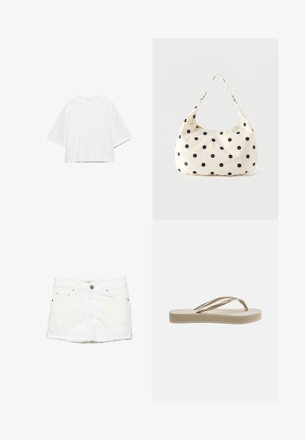 T-shirt blanc à manches courtes, coupe carrée, en coton doux. Présente un col rond et des manches larges, avec un design épuré et simple.; Mini-jupe en denim blanc avec ourlet effiloché, passants pour ceinture, fermeture par boutons et poches avant sur fond blanc uni.; Sandale tongs beige avec semelle texturée et bride en forme de Y métallique dorée sur fond blanc.; Sac à main en tissu crème avec des pois noirs et une seule bandoulière, présenté sur un fond blanc uni.