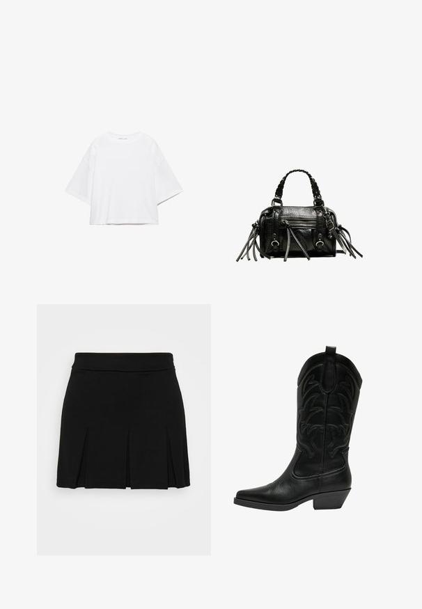 Hvid, kortærmet, løs t-shirt lavet af blød bomuld. Har rund halsudskæring og brede ærmer, med et rent, enkelt design.; Even&Odd Mini skirts - black; Sort læder cowboy støvle med spids tå, stablet hæl og dekorativ syning på skaftet. Glat overflade med mat finish.; Sort læderhandtaske med flettede håndtag, tekstureret overflade, lynlåslomme foran og dekorative frynse-accenter. Kompakt og struktureret form.