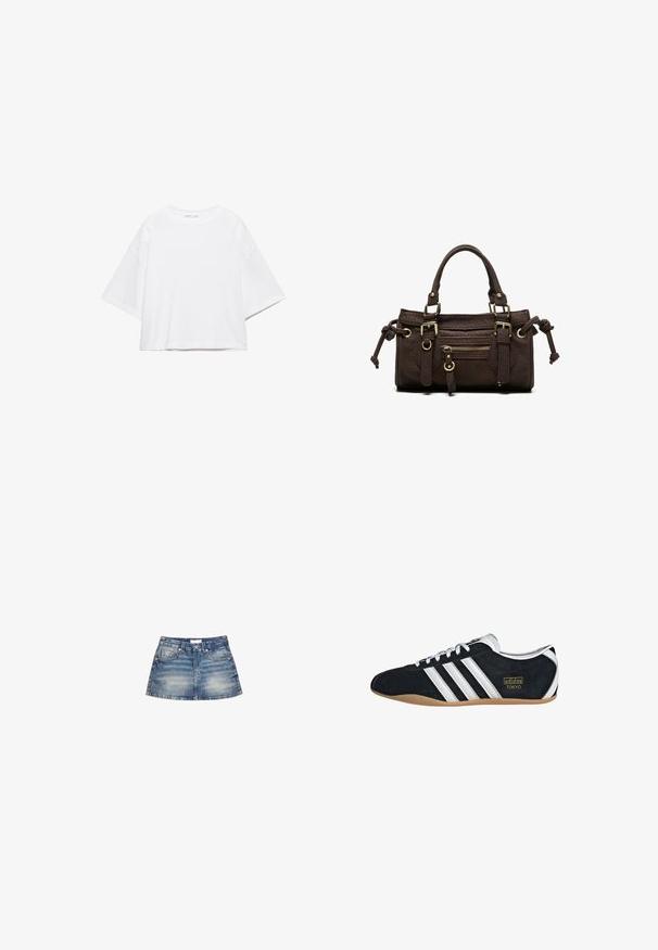 Hvid, kortærmet, løs t-shirt lavet af blød bomuld. Har rund halsudskæring og brede ærmer, med et rent, enkelt design.; Denim mini nederdel i lyseblå vask, med en tætsiddende talje, forlommer og en svungen kant med let falming og færdige kanter.; Sort ruskinds sneaker med hvide tre striber, guldlogo og en brun gummisål. Har et lavprofil snørebåndsdesign.; Mørkebrun læderhåndtaske med dobbelte håndtag, forreste lynlåslomme, dekorative spænder og sideknuder på hvid baggrund.