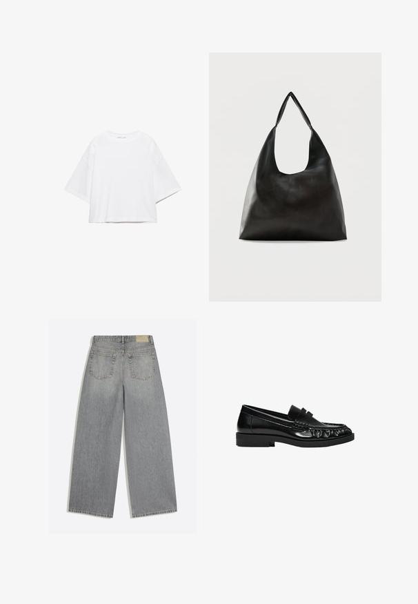 T-shirt blanc à manches courtes, coupe carrée, en coton doux. Présente un col rond et des manches larges, avec un design épuré et simple.; Jean en denim gris à jambes larges montrant l'arrière avec deux poches et des passants de ceinture, posé à plat sur fond blanc.; Mocassin en cuir noir avec petit talon, bout arrondi, détails cousus et une bride traversant le dessus.; Sac bandoulière en cuir noir lisse avec une large sangle unique et un design décontracté et minimaliste sur un fond uni.
