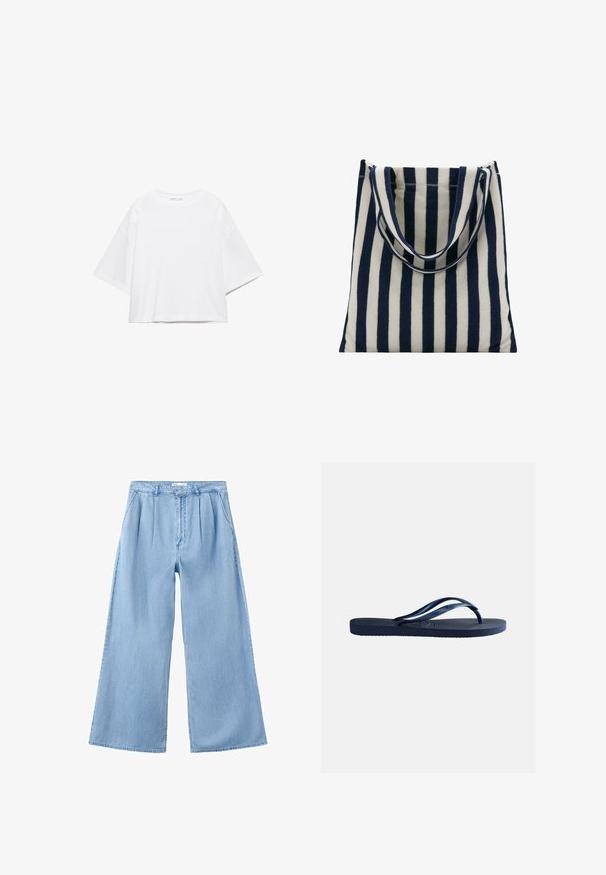Wit, kort mouw, boxy t-shirt gemaakt van zacht katoen. Heeft een ronde hals en brede mouwen, met een strak, eenvoudig ontwerp.; Lichtblauwe wijde denim broek met plooien aan de voorkant, zijzakken en een tailleband met riemlussen.; Navyblauwe rubberen teenslipper met een gestructureerde zool en Y-vormige banden, geïsoleerd op een effen lichtgrijze achtergrond.; Blauw-witte stoftas met verticale strepen en twee bijpassende schouderbanden.