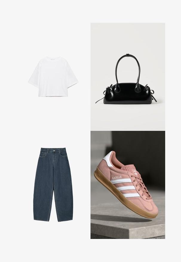 Hvid, kortærmet, løs t-shirt lavet af blød bomuld. Har rund halsudskæring og brede ærmer, med et rent, enkelt design.; Mørkeblå denim buede bukser med høj talje, som har fem lommer og synlige stingdetaljer. Ren, minimalistik design.; Rosa ruskinds sneaker med hvide striber, gummisål, tekstureret overdel og logo på tungen. Klassisk low-top design.; Lille sort blank håndtaske med to lange håndtag og snøre-detaljer i siden på en ensfarvet lys baggrund.