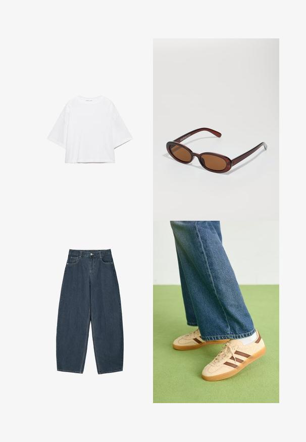 Hvid, kortærmet, løs t-shirt lavet af blød bomuld. Har rund halsudskæring og brede ærmer, med et rent, enkelt design.; Mørkeblå denim buede bukser med høj talje, som har fem lommer og synlige stingdetaljer. Ren, minimalistik design.; Beige sneakers med teksturerede cremefarvede paneler og brune striber, parret med blå denim jeans. Jeansene har brede ben og en frynset kant.; Runde, bruntonede solbriller med en glansfuld bordeauxramme. Slanke arme med diskret brandingdetalje. Flad linsedesign.