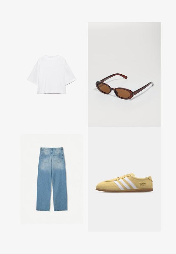 Wit, kort mouw, boxy t-shirt gemaakt van zacht katoen. Heeft een ronde hals en brede mouwen, met een strak, eenvoudig ontwerp.; Lichtblauwe denim jeans met een rechte pijpdesign, met twee achterzakken en een vervaagde textuur in de bovenste secties.; adidas Originals GAZELLE LO PRO W - Sneakers laag - almost yellow/footwear white; Ronde, bruin getinte zonnebril met een glanzend bordeauxrood frame. Slanke pootjes met subtiele merkdetails. Vlakke lensontwerp.