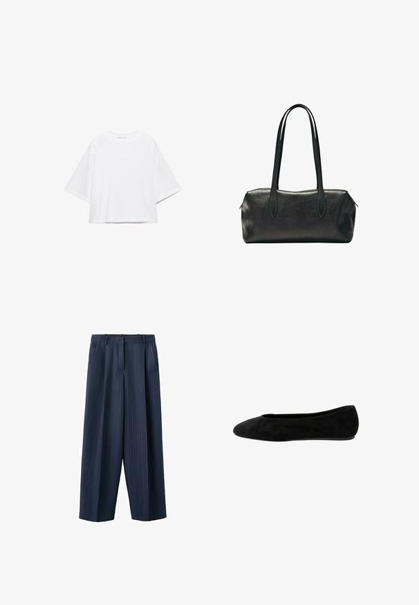 T-shirt blanc à manches courtes, coupe carrée, en coton doux. Présente un col rond et des manches larges, avec un design épuré et simple.; Pantalon large à rayures fines bleu marine avec passants pour ceinture et poches latérales, confectionné avec un pli sur le devant et une fermeture éclair.; Ballerine en suede noire avec un bout rond, texture lisse, talon bas et design simple sans embellissements.; Sac à main rectangulaire en cuir noir avec deux longues bandoulières et une fermeture zippée sur le dessus.