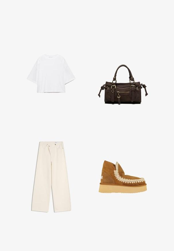 Wit, kort mouw, boxy t-shirt gemaakt van zacht katoen. Heeft een ronde hals en brede mouwen, met een strak, eenvoudig ontwerp.; Off-white wijde broek met steekzakken aan de voorkant, lussen voor een riem en zilveren knopen op de tailleband en de randen van de zakken.; Bruine suède enkelboot met een geweven crèmekleurige rand, een ronde neus en een dikke, lichtgekleurde rubberen zool. Platter ontwerp met een lage hoogte.; Donkerbruine leren handtas met dubbele handvatten, voorvak met ritssluiting, decoratieve gespen en zijknopen op een witte achtergrond.