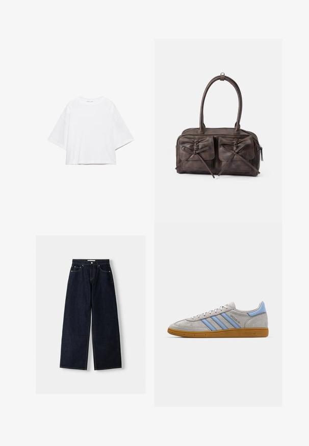 Hvid, kortærmet, løs t-shirt lavet af blød bomuld. Har rund halsudskæring og brede ærmer, med et rent, enkelt design.; Mørkeblå denim wide-leg jeans med høj talje, fem lommer, kontraststing og sølvfarvet metalbeslag. Glat overflade og pæn finish.; Grå ruskinds sneakers med lyseblå striber, gummisål i farven gum og logo detaljer. Lavt design med rund tå og snørelukning.; Brun læder håndtaske med to forlommer der har snore, rundede håndtag og lynlåslukning. Glat tekstur med en subtil glans.
