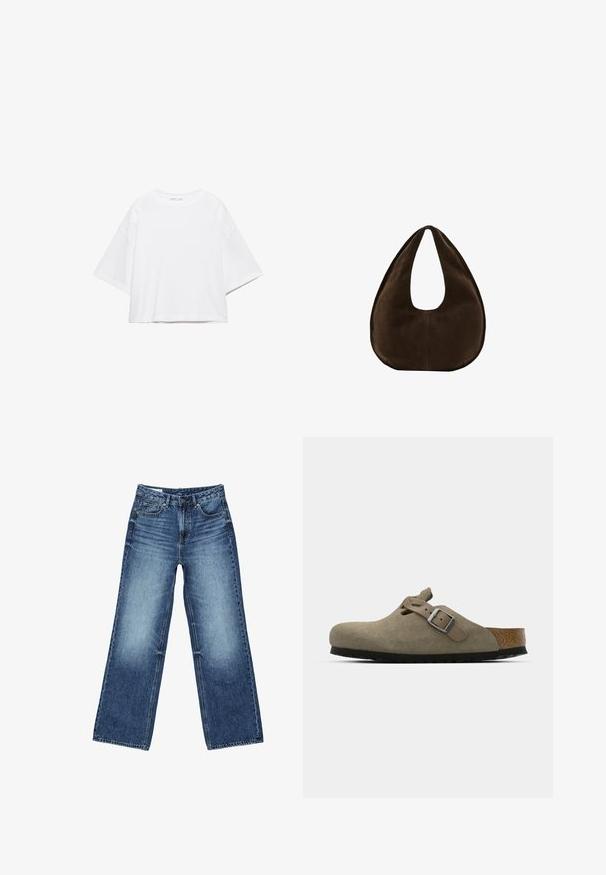 T-shirt blanc à manches courtes, coupe carrée, en coton doux. Présente un col rond et des manches larges, avec un design épuré et simple.; Jean denim bleu à jambes larges avec poches avant et poche monnaie, fermeture à boutons, et lavage délavé sur les cuisses et les genoux.; Sabots en velours côtelé vert olive clair avec une semelle en liège et en caoutchouc moulée. Dispose d'une sangle latérale avec une boucle en métal et d'un bout arrondi.; Sac à main en daim marron foncé en forme de croissant avec une seule sangle large et une texture lisse sur fond blanc.