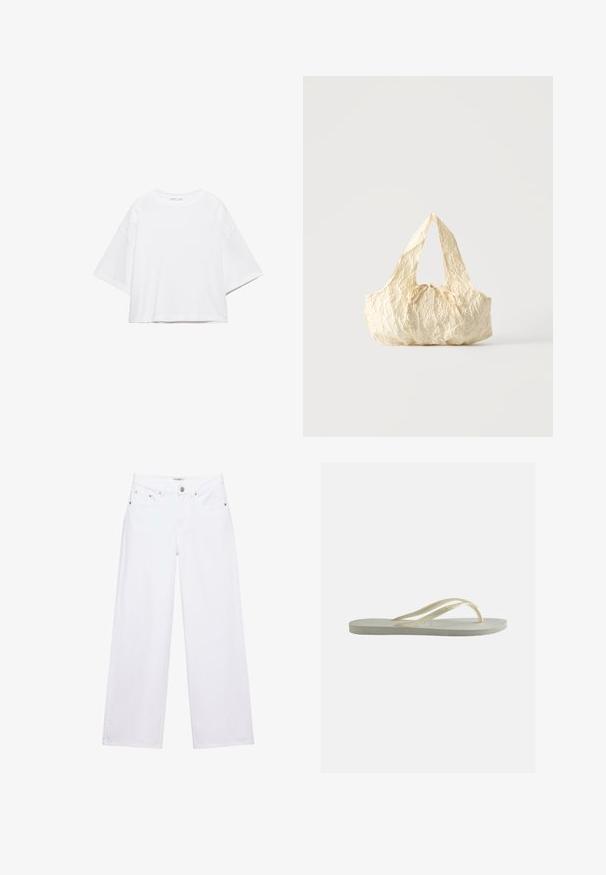 T-shirt blanc à manches courtes, coupe carrée, en coton doux. Présente un col rond et des manches larges, avec un design épuré et simple.; Jean blanc taille haute à jambes larges avec fermeture à boutons et zip, poches avant et arrière, et détails en rivets argentés.; Tongs en caoutchouc blanc cassé, à bride fine et semelle texturée, vues de côté sur un fond uni.; Sac à main en tissu texturé couleur crème avec des anses sur le dessus et un petit nœud noué au centre devant.