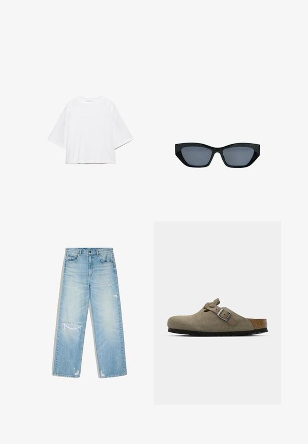 Hvid, kortærmet, løs t-shirt lavet af blød bomuld. Har rund halsudskæring og brede ærmer, med et rent, enkelt design.; Lyseblå falmede denimjeans med et lige snit, der har slidte rifter på låret, knæet og nær ved buksekanterne.; Suede træsko i lys olivengrøn med en formet kork- og gummisål. Har en side rem med en metal spænde og en rund tå.; Sorte katteøje-solbriller med tykke stel og mørke tonede linser, vist mod en hvid baggrund.